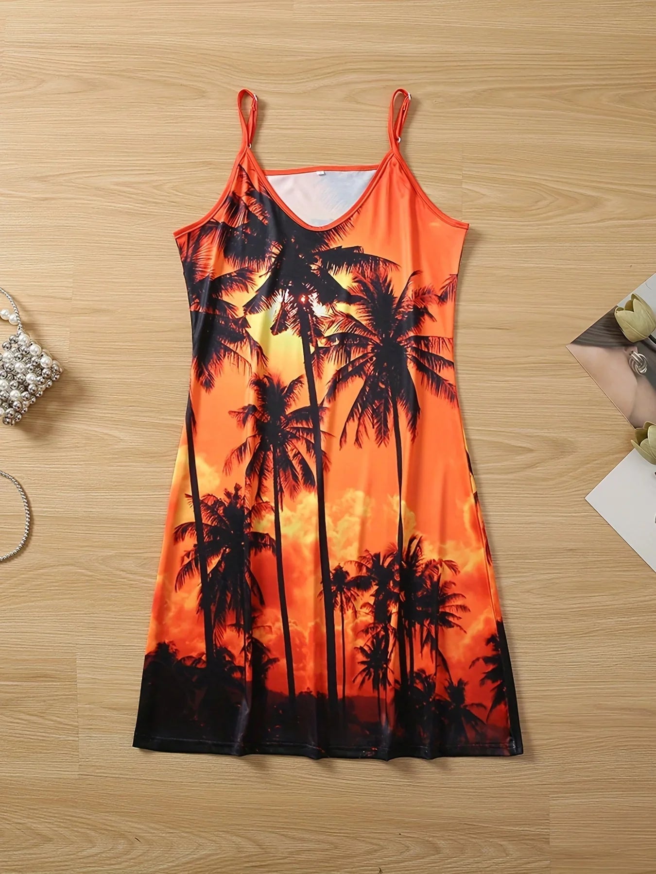 Coconut Tree Print Cami Kleid, Urlaub Ärmelloses Bequemes Kleid - tif-shop24.de