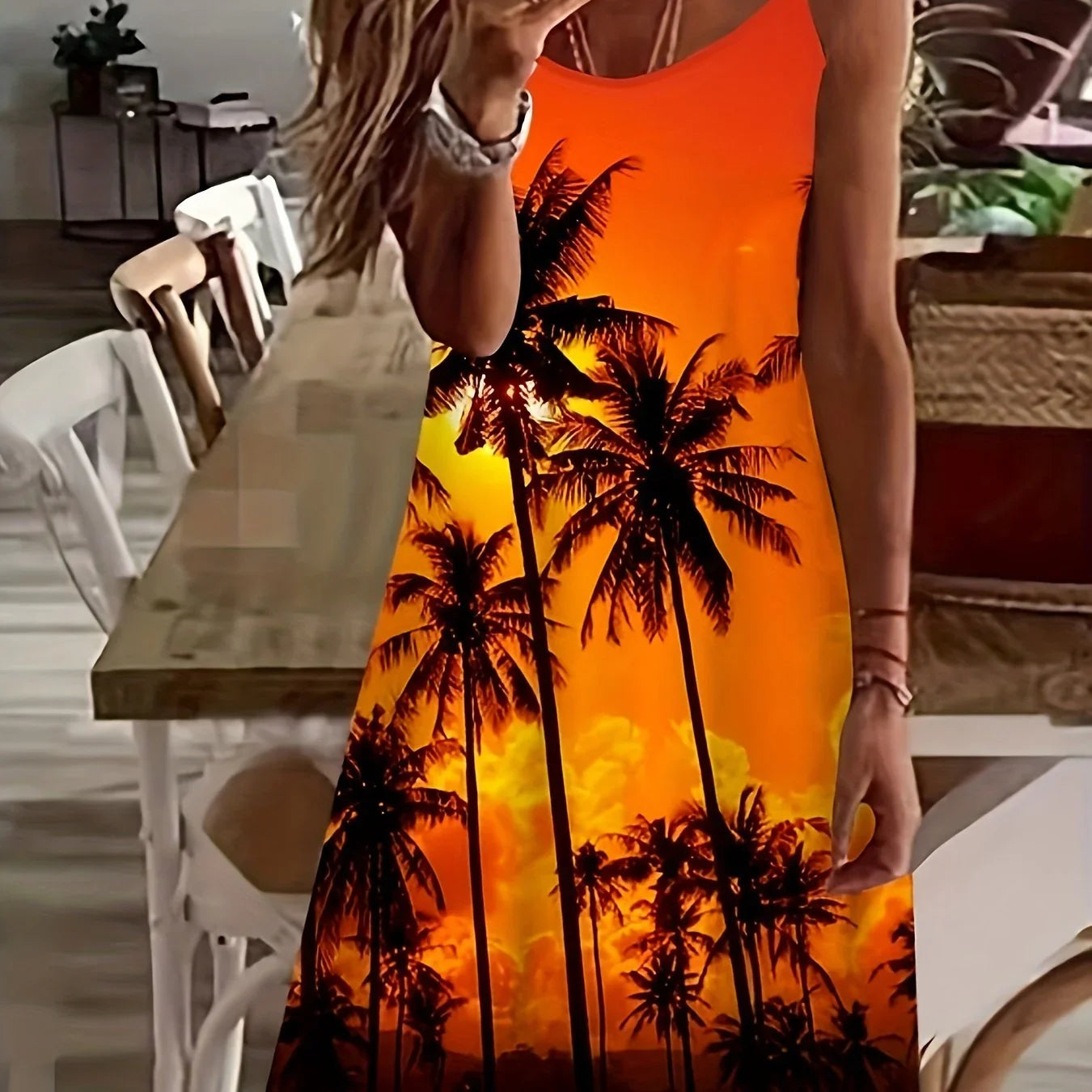 Coconut Tree Print Cami Kleid, Urlaub Ärmelloses Bequemes Kleid - tif-shop24.de