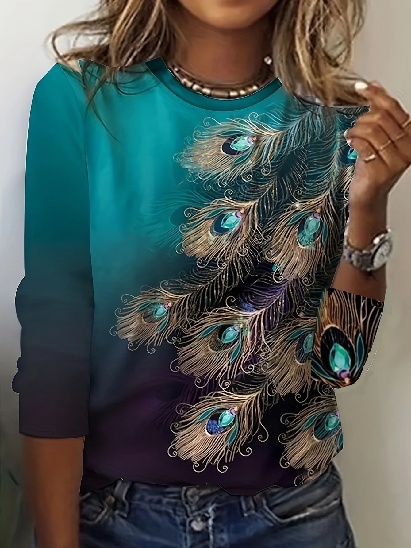 Feather Print Crew Neck T-Shirt Lässiges Langarm-T-Shirt | tif-shop24.de