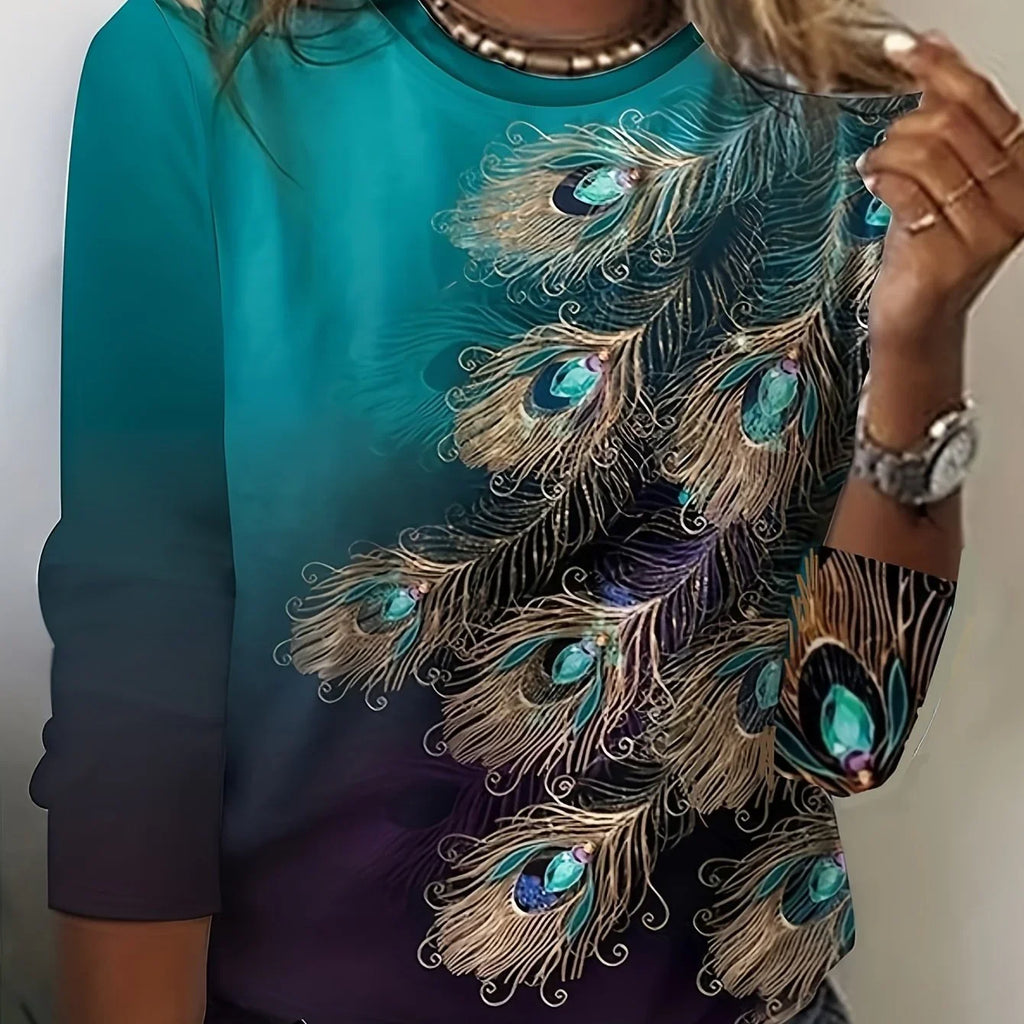 Feather Print Crew Neck T-Shirt Lässiges Langarm-T-Shirt | tif-shop24.de