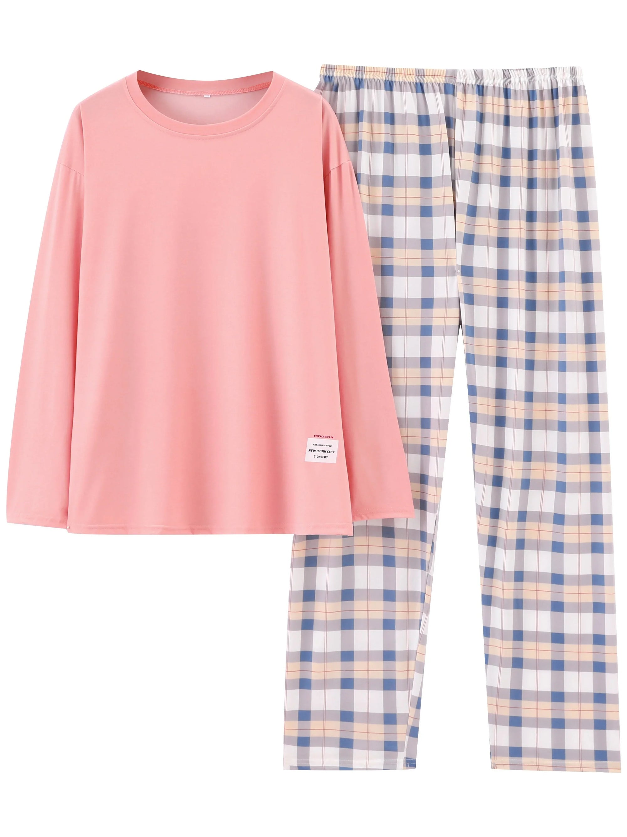 Plus Size Casual Soft Long Sleeve Tee & Plaid Pants Comfort Loungewear Pyjama | tif-shop24.de