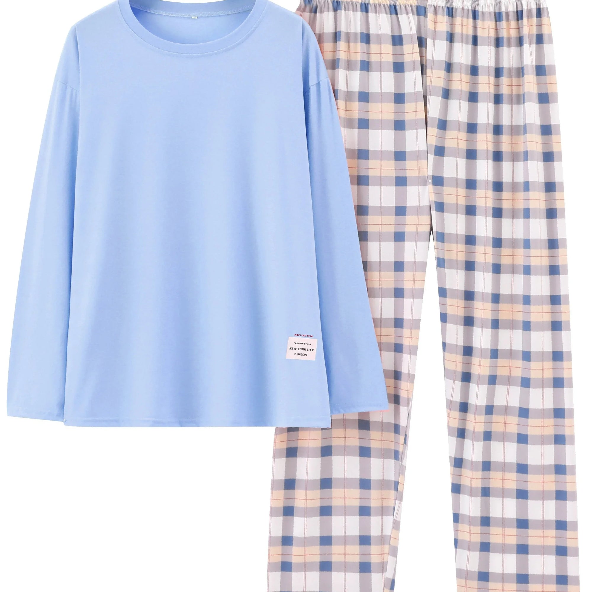 Plus Size Casual Soft Long Sleeve Tee & Plaid Pants Comfort Loungewear Pyjama - tif-shop24.de