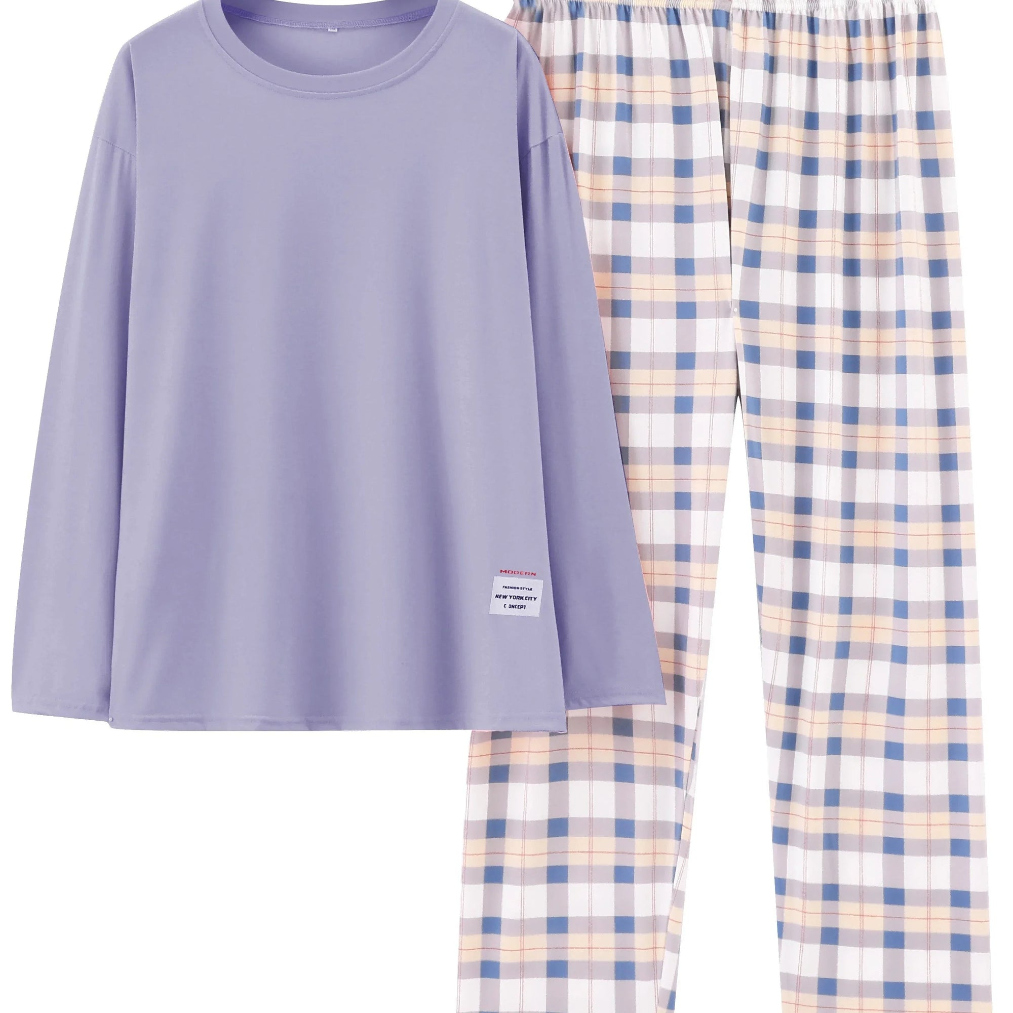 Plus Size Casual Soft Long Sleeve Tee & Plaid Pants Comfort Loungewear Pyjama | tif-shop24.de