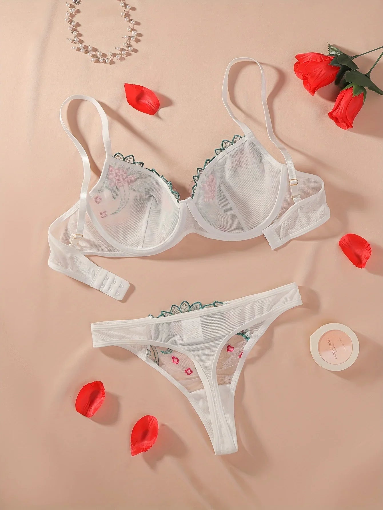 Dessous-Set Mit Floraler Spitze, Ungefütterter Netz-BH Und Tanga, Sexy Dessous Und Unterwäsche - tif-shop24.de