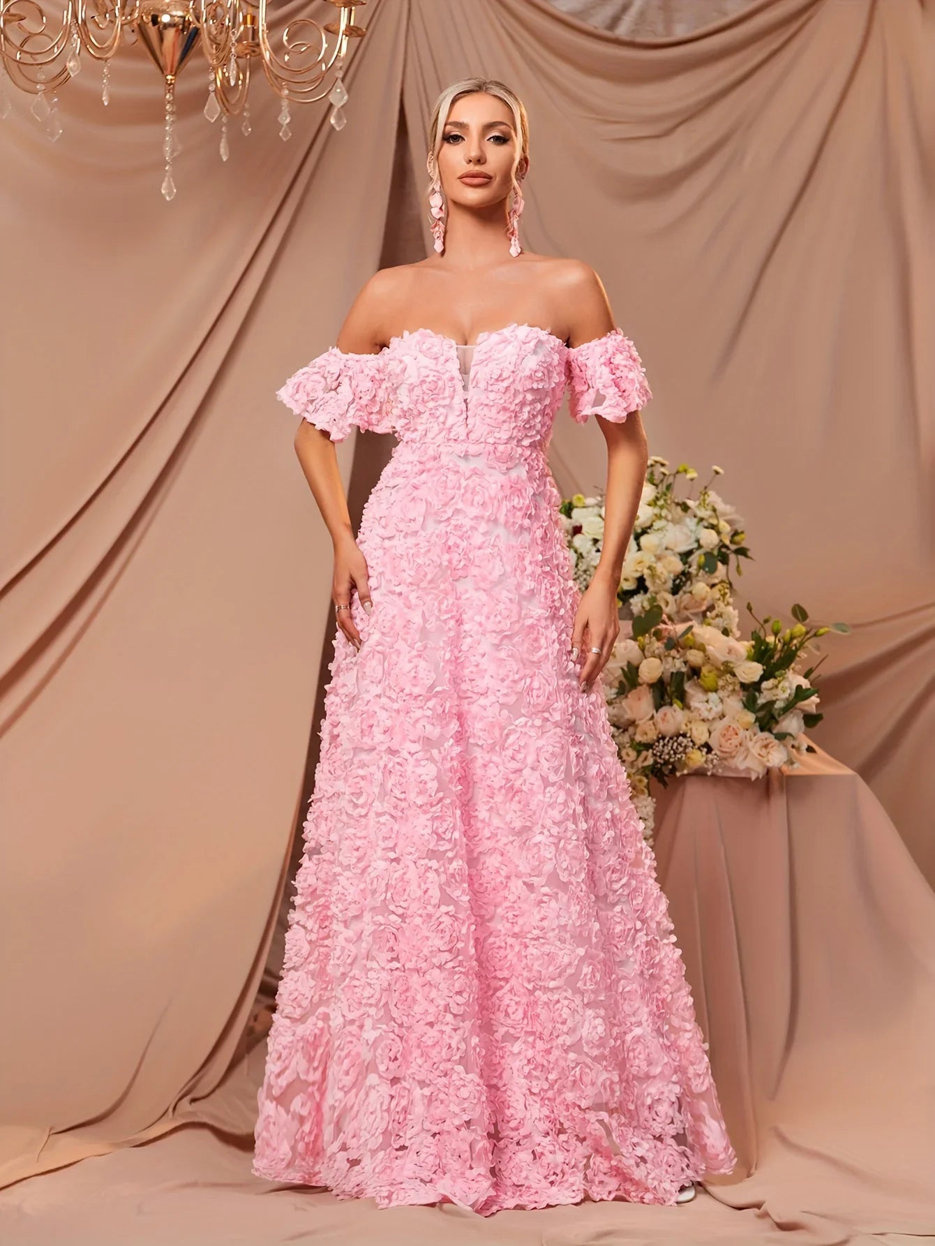 Blumenkleid Mit Herzförmigem Ausschnitt Schulterfreies Bodenlanges A-Linien Puffärmel Kleid | tif-shop24.de