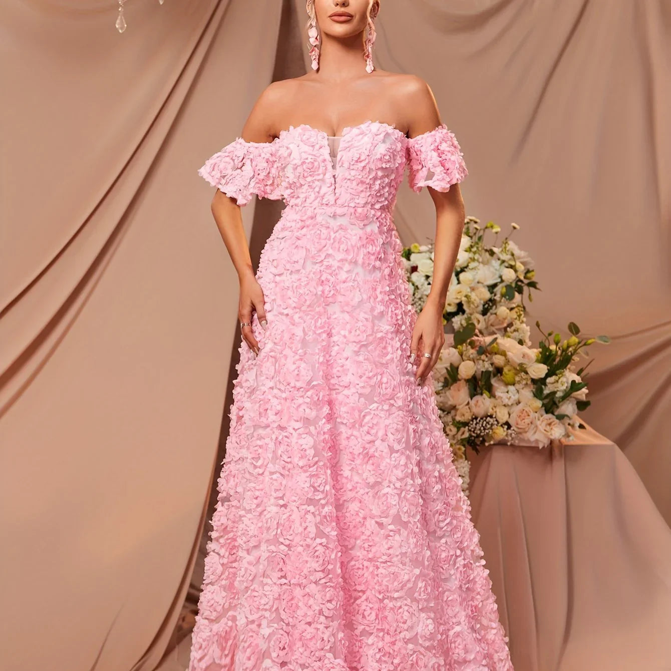 Blumenkleid Mit Herzförmigem Ausschnitt Schulterfreies Bodenlanges A-Linien Puffärmel Kleid | tif-shop24.de