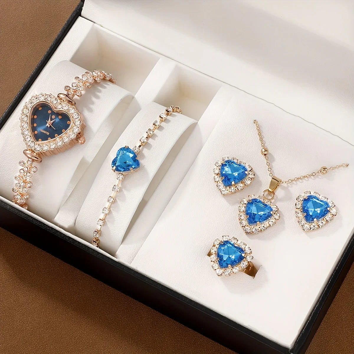 Luxus Damen Uhr Set 6-teilig - Herzzeiger Strass Schmuck - tif-shop24.de