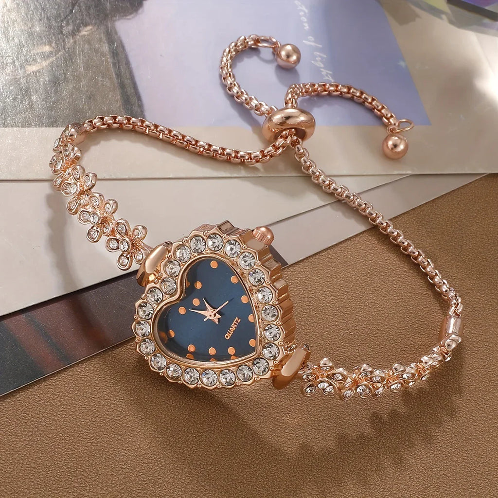 Luxus Damen Uhr Set 6-teilig - Herzzeiger Strass Schmuck - tif-shop24.de