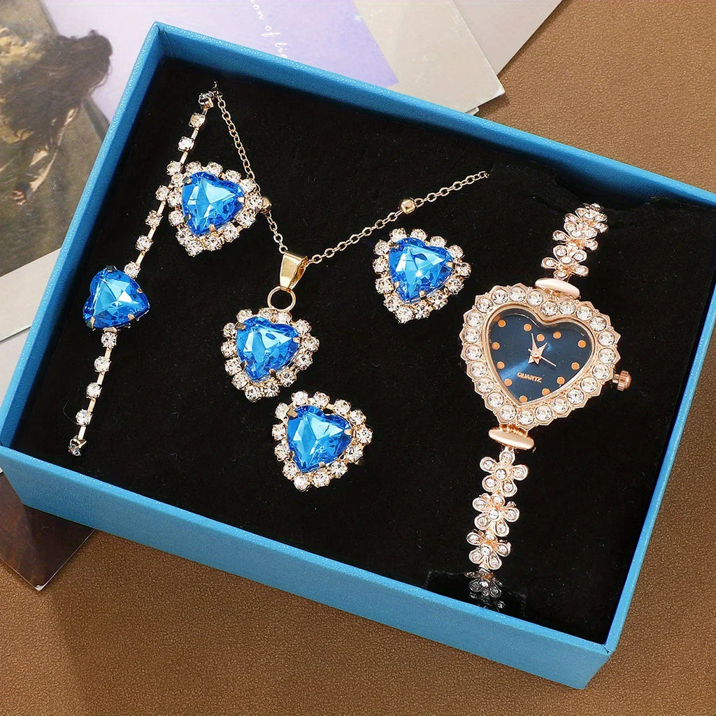 Luxus Damen Uhr Set 6-teilig - Herzzeiger Strass Schmuck - tif-shop24.de