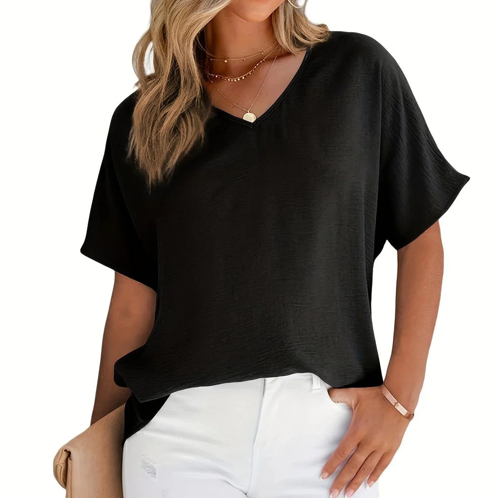 Solide Vielseitige Bluse, Lässige V-Ausschnitt Kurzarm Bluse | tif-shop24.de