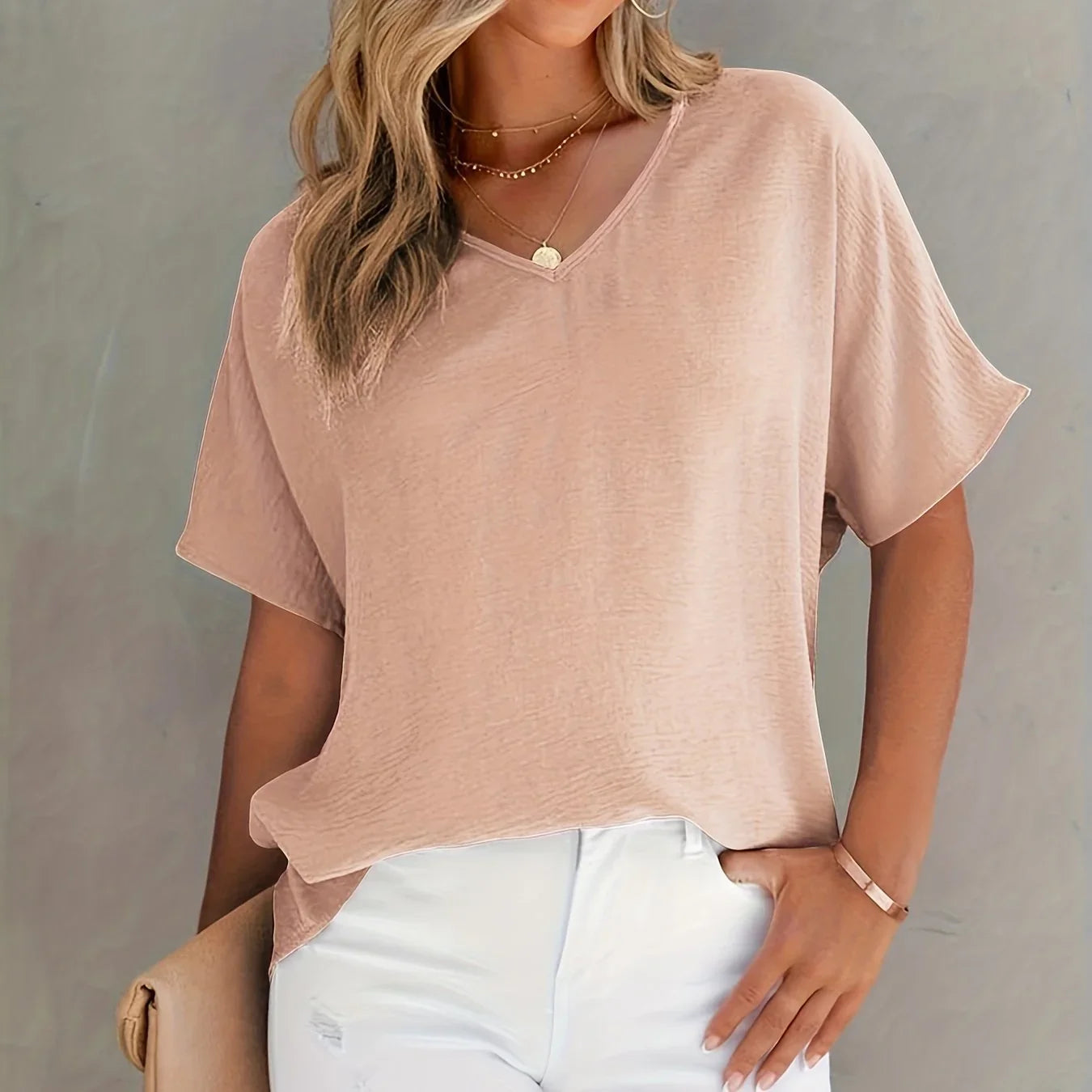 Solide Vielseitige Bluse, Lässige V-Ausschnitt Kurzarm Bluse | tif-shop24.de
