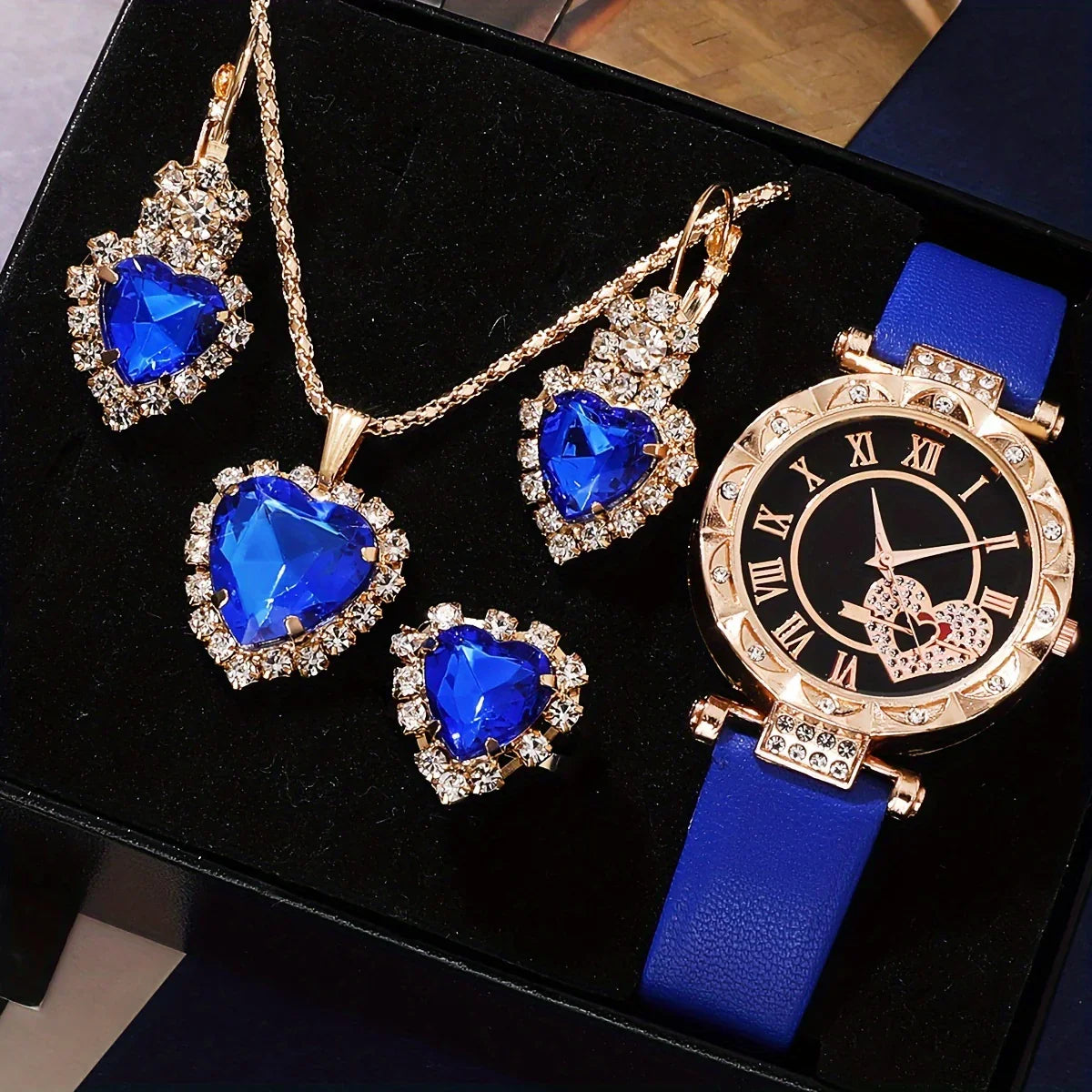 5 Stück/Set Niedliche Herz-Quarzuhr Elegante Strass-Analog-Armbanduhr Und Schmuckset Geschenk | tif-shop24.de