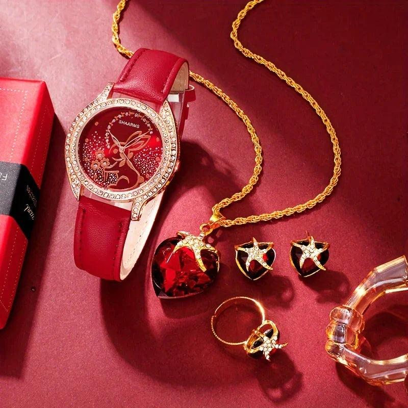 5pcs/Set Elegante Blume Kaninchen Quarzuhr – Luxus Strass Analog Armbanduhr Valentinstag Geschenk | tif-shop24.de