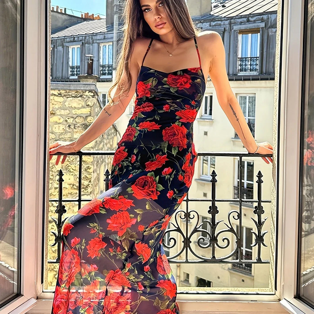 Rückenfreies Kleid Mit Blumendruck, Sexy Spaghettiträger-Midikleid - tif-shop24.de