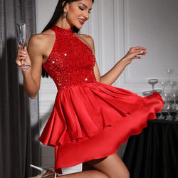 Mit Pailletten Und Rüschensaum Neckholder Elegantes Ärmelloses Kleid Für Party Und Bankett | tif-shop24.de