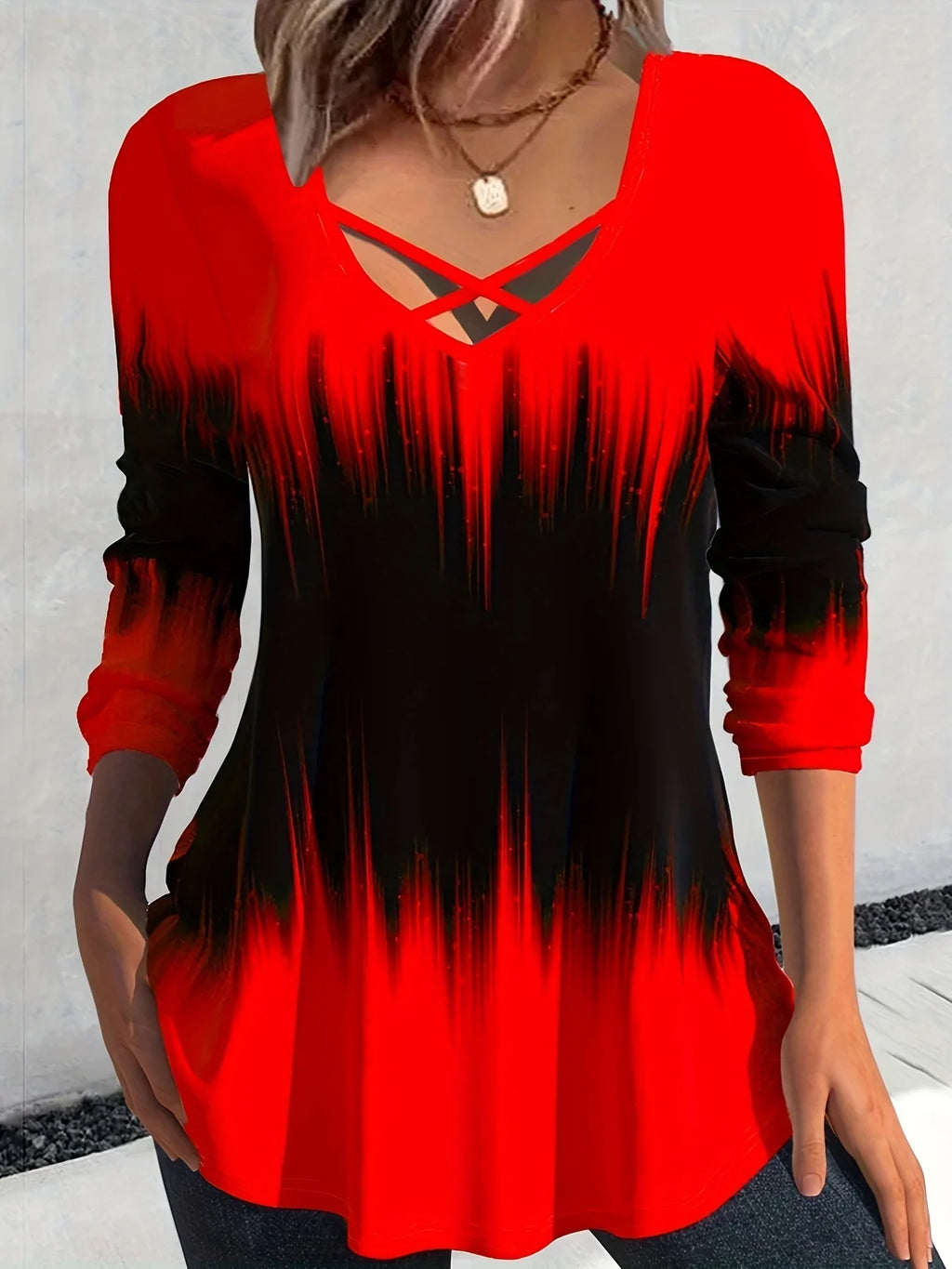 Tie Dye Print Cross Front V Neck T-Shirt Lässiges Langarm-Top | tif-shop24.de