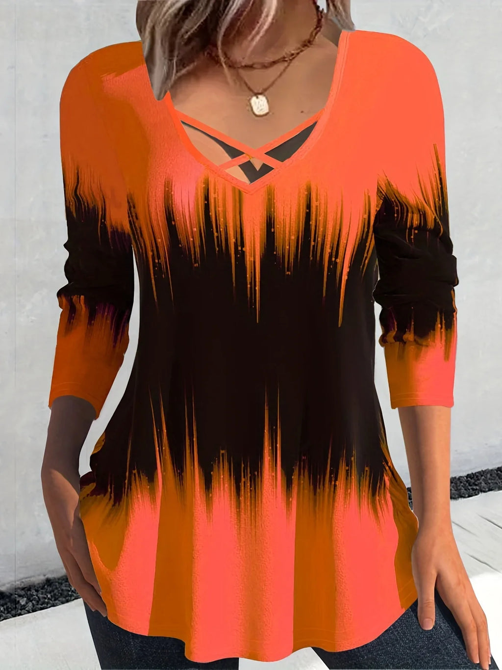 Tie Dye Print Cross Front V Neck T-Shirt Lässiges Langarm-Top | tif-shop24.de