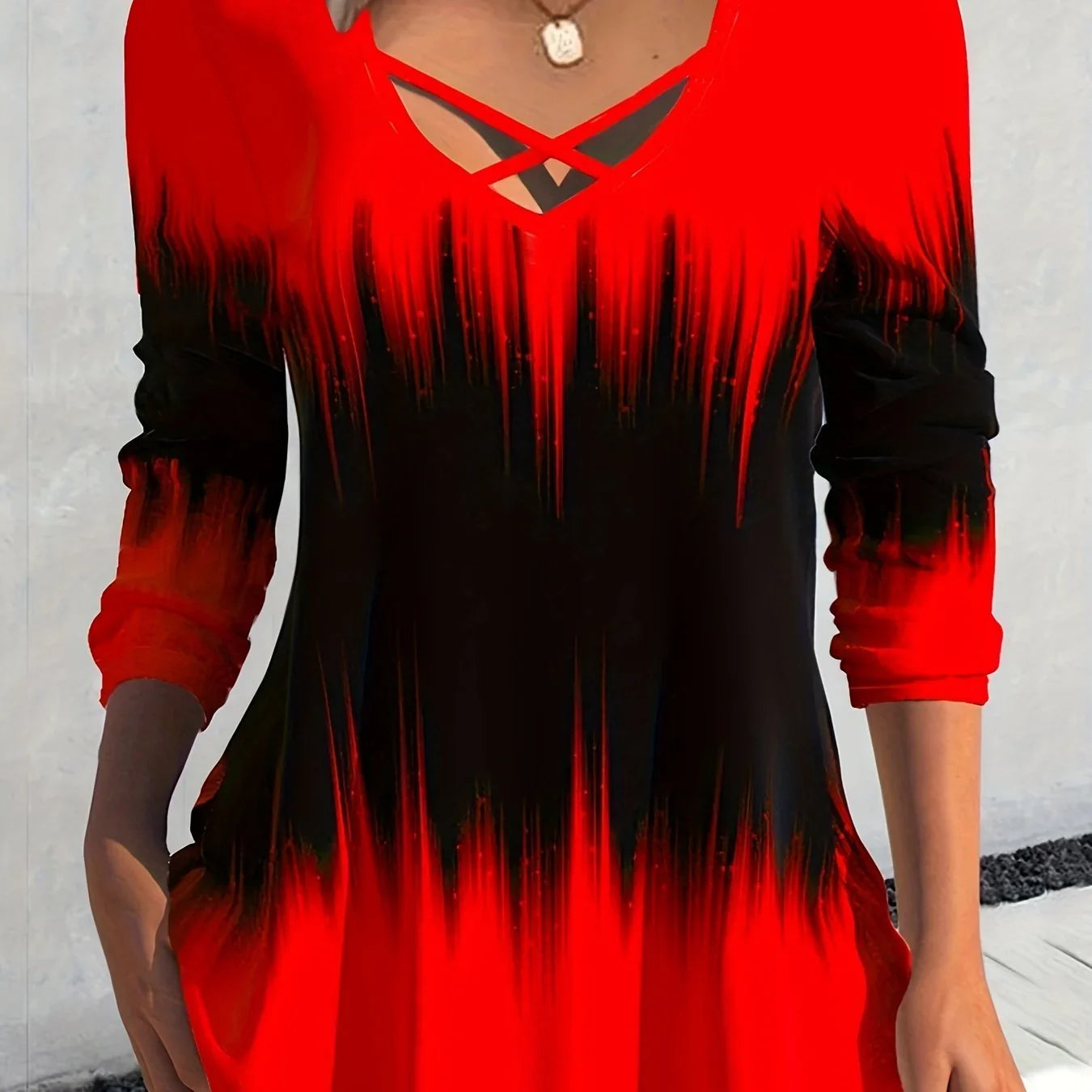 Tie Dye Print Cross Front V Neck T-Shirt Lässiges Langarm-Top | tif-shop24.de