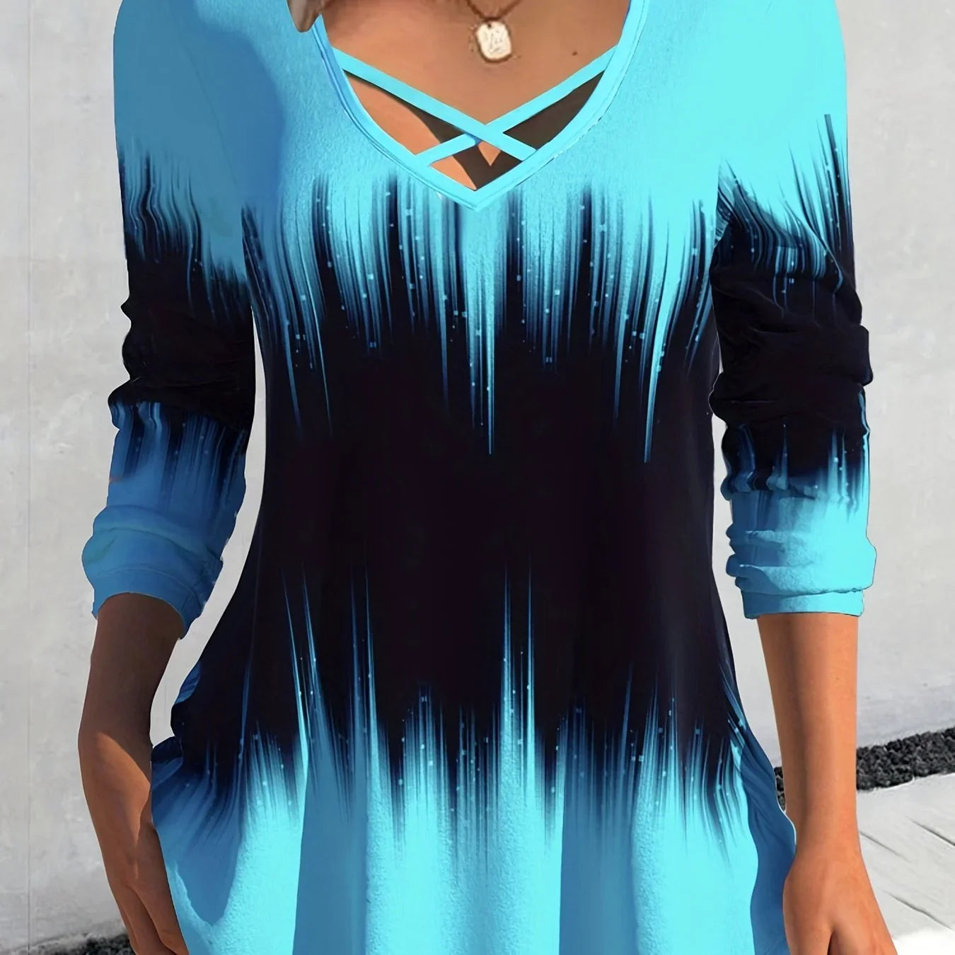 Tie Dye Print Cross Front V Neck T-Shirt Lässiges Langarm-Top | tif-shop24.de