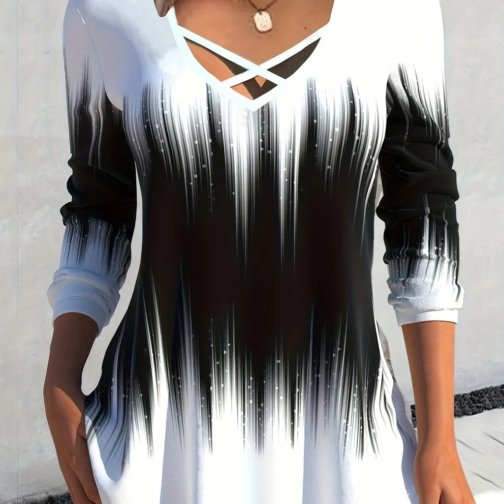 Tie Dye Print Cross Front V Neck T-Shirt Lässiges Langarm-Top - tif-shop24.de