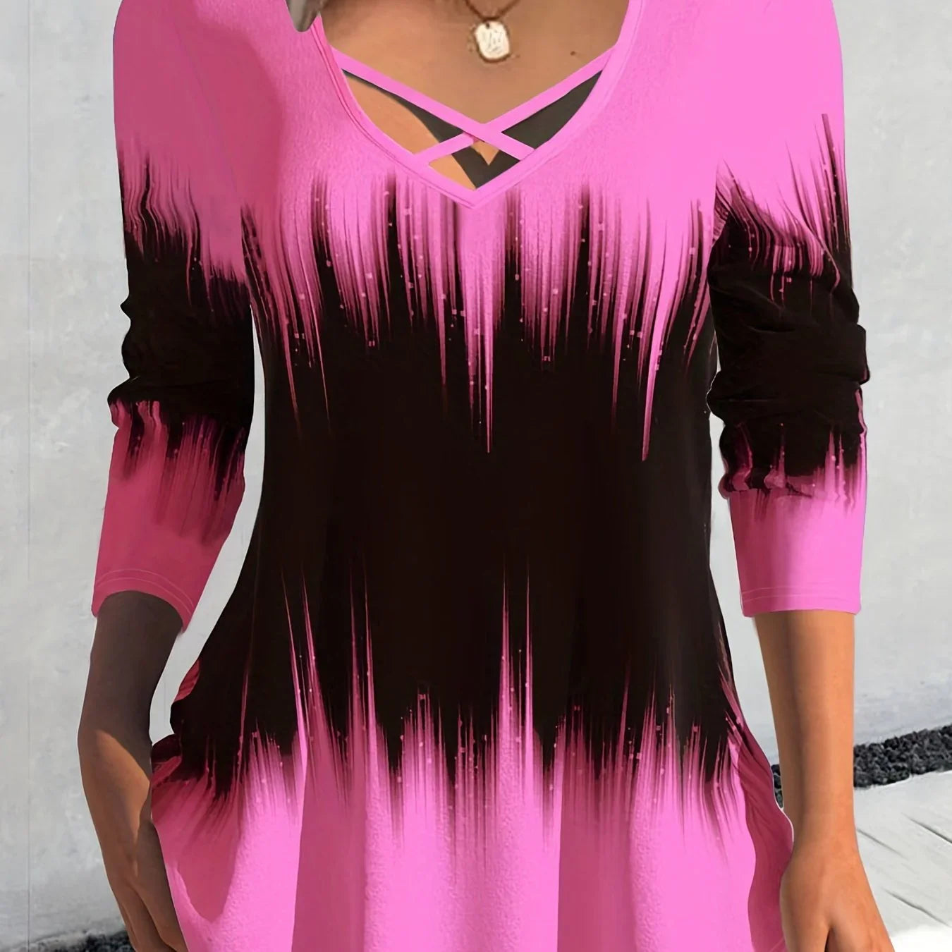 Tie Dye Print Cross Front V Neck T-Shirt Lässiges Langarm-Top | tif-shop24.de