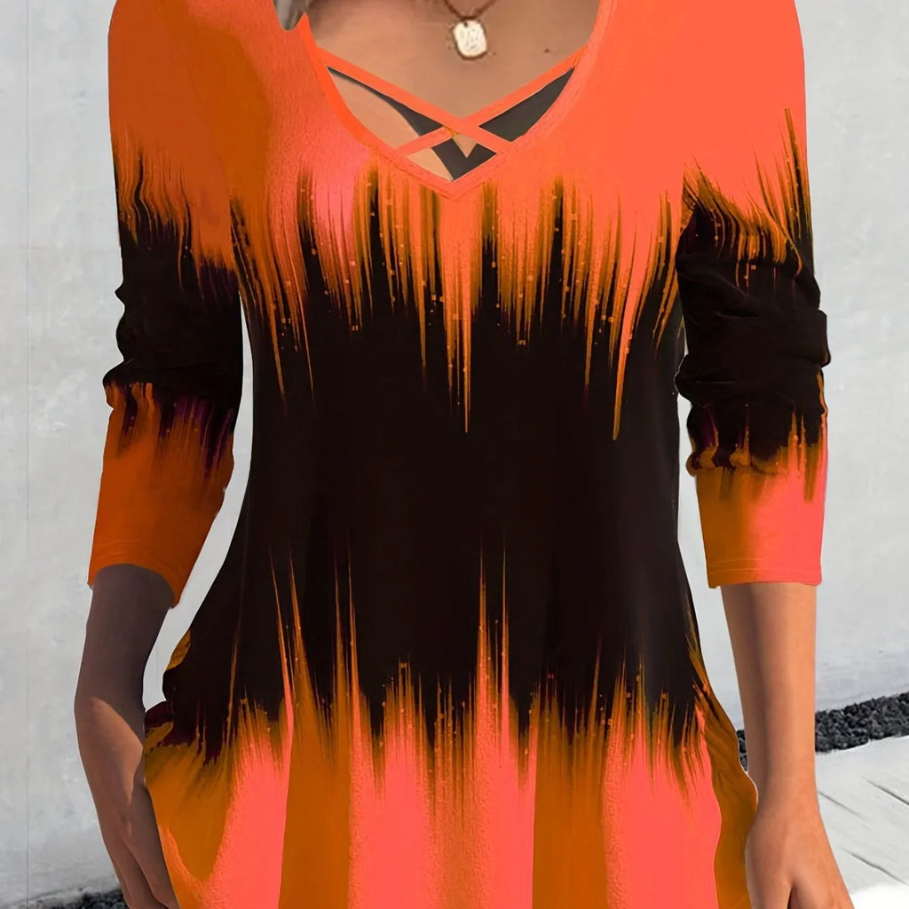 Tie Dye Print Cross Front V Neck T-Shirt Lässiges Langarm-Top | tif-shop24.de