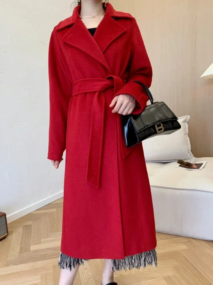 Coat Herbst und Winter mittellanger, lockerer, doppelseitiger Kaschmirmantel,Schnür-Wolljacke - tif-shop24.de