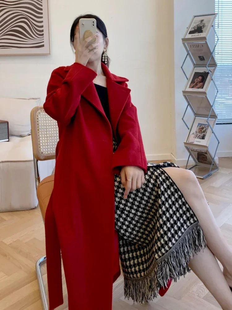 Coat Herbst und Winter mittellanger, lockerer, doppelseitiger Kaschmirmantel,Schnür-Wolljacke | tif-shop24.de