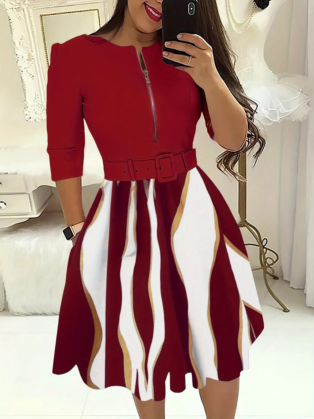 Spleißkleid Mit Leopardenmuster, Lässiges, Halbem Reißverschluss - tif-shop24.de