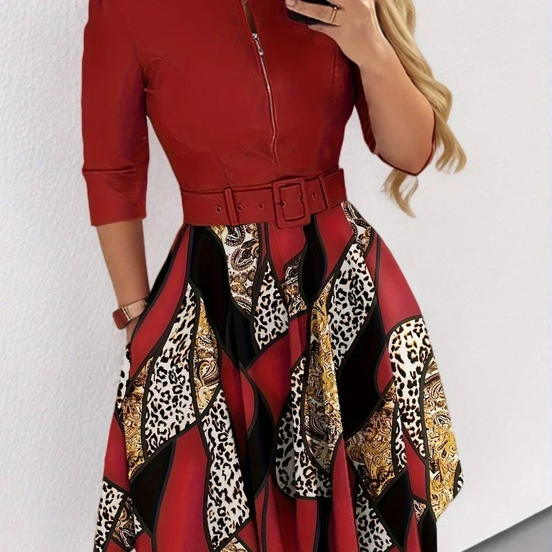 Spleißkleid Mit Leopardenmuster, Lässiges, Halbem Reißverschluss - tif-shop24.de