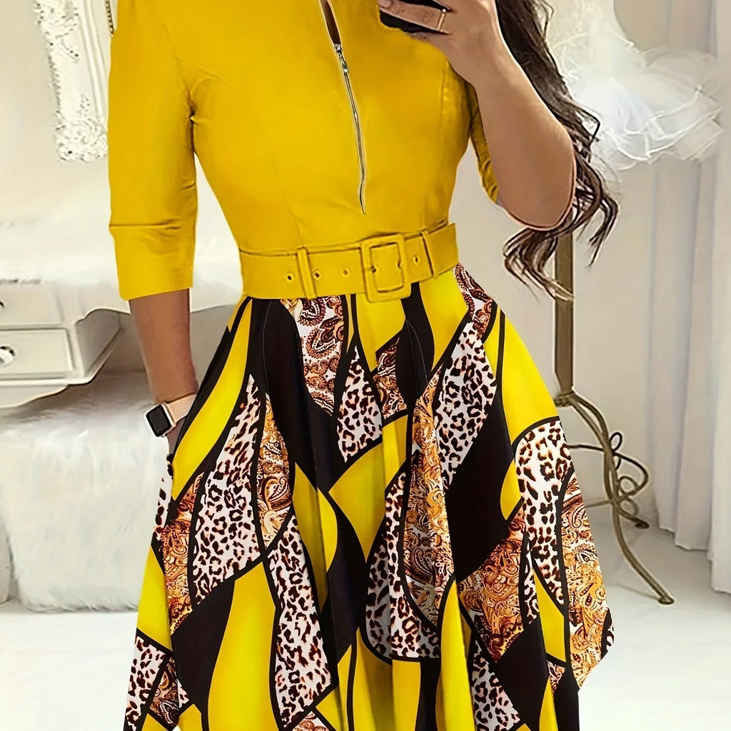 Spleißkleid Mit Leopardenmuster, Lässiges, Halbem Reißverschluss - tif-shop24.de