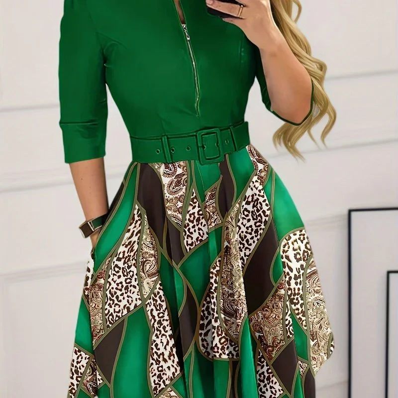 Spleißkleid Mit Leopardenmuster, Lässiges, Halbem Reißverschluss - tif-shop24.de