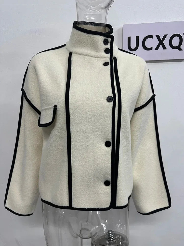 Neu Hohe Qualität Stehkragen Kontrast Farbe Perle Samt Casual Mantel | tif-shop24.de