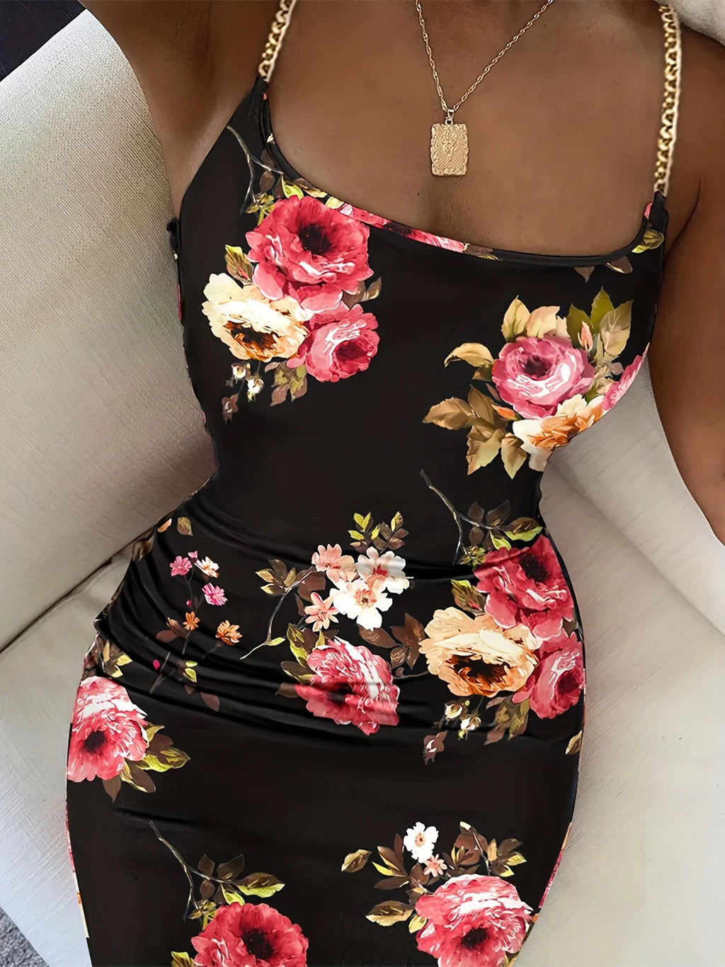Blumenmuster Bodycon Kleid mit Kettenriemen, Sexy rückenfreies Spaghetti-Kleid - tif-shop24.de