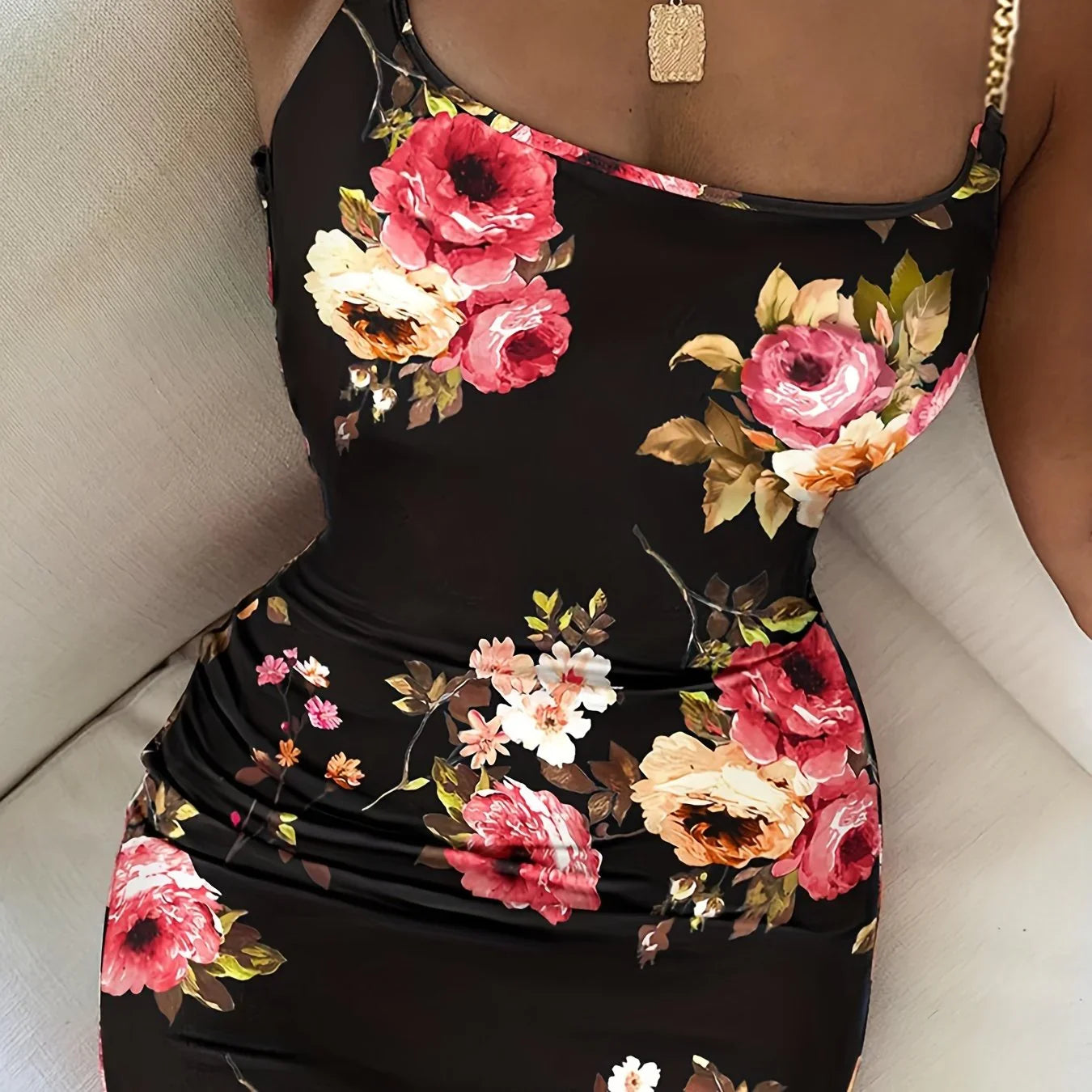 Blumenmuster Bodycon Kleid mit Kettenriemen, Sexy rückenfreies Spaghetti-Kleid - tif-shop24.de