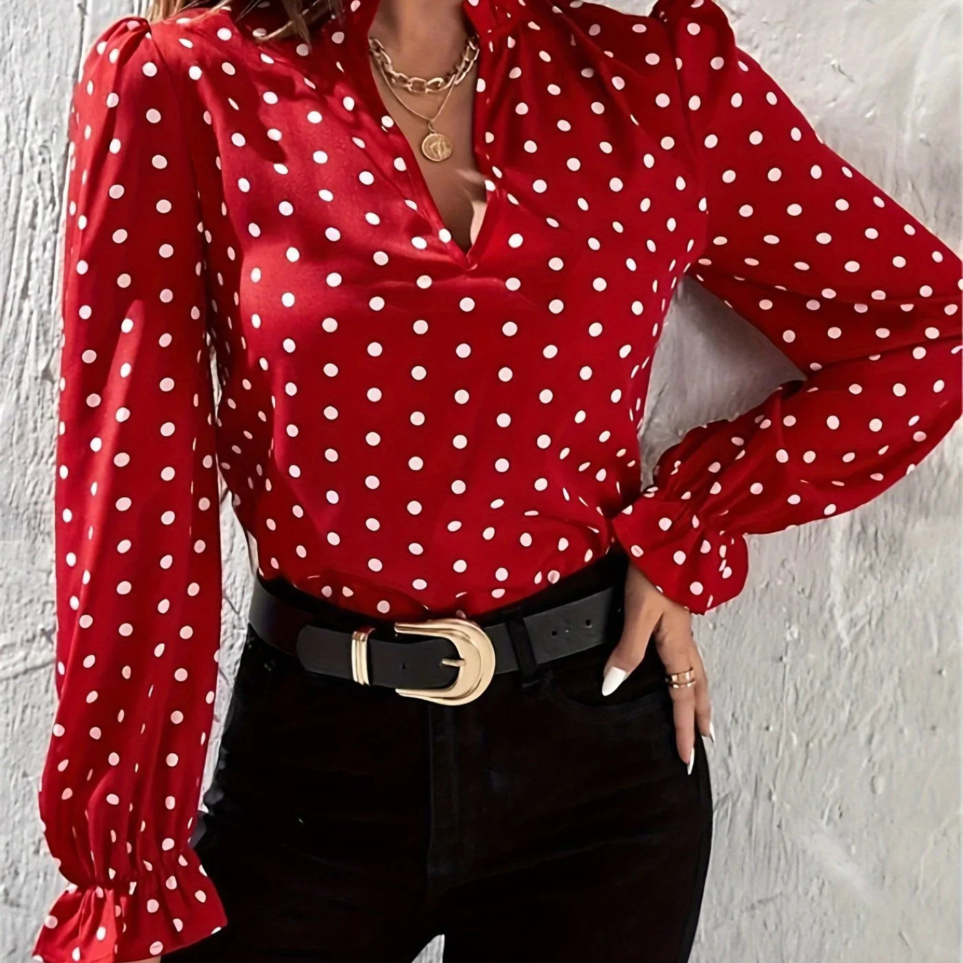 Mit Polka-Dot-Print Und Gekerbtem Ausschnitt Vielseitige Bluse Mit Puffärmeln | tif-shop24.de