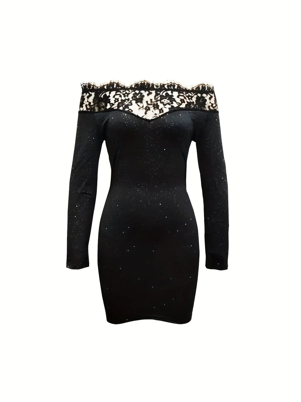 Off Shoulder Contrast Lace Trim Body-Con Glitter Langarm Elegantes Kleid | tif-shop24.de