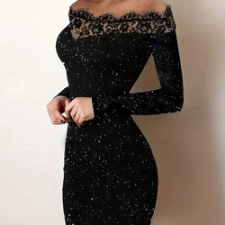 Off Shoulder Contrast Lace Trim Body-Con Glitter Langarm Elegantes Kleid | tif-shop24.de