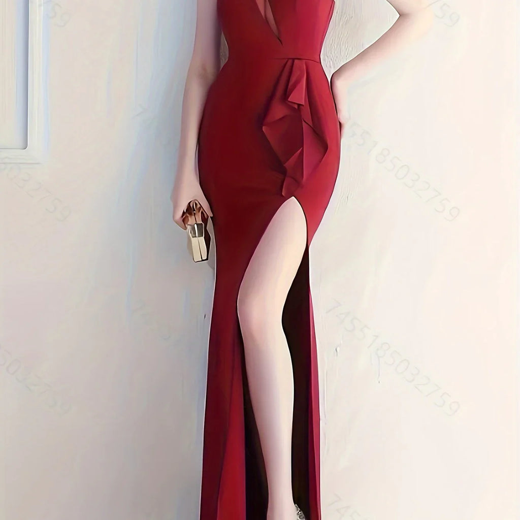 One Shoulder Mesh Meerjungfrau Elegantes Ärmelloses Mit Gespaltenem Saum - tif-shop24.de