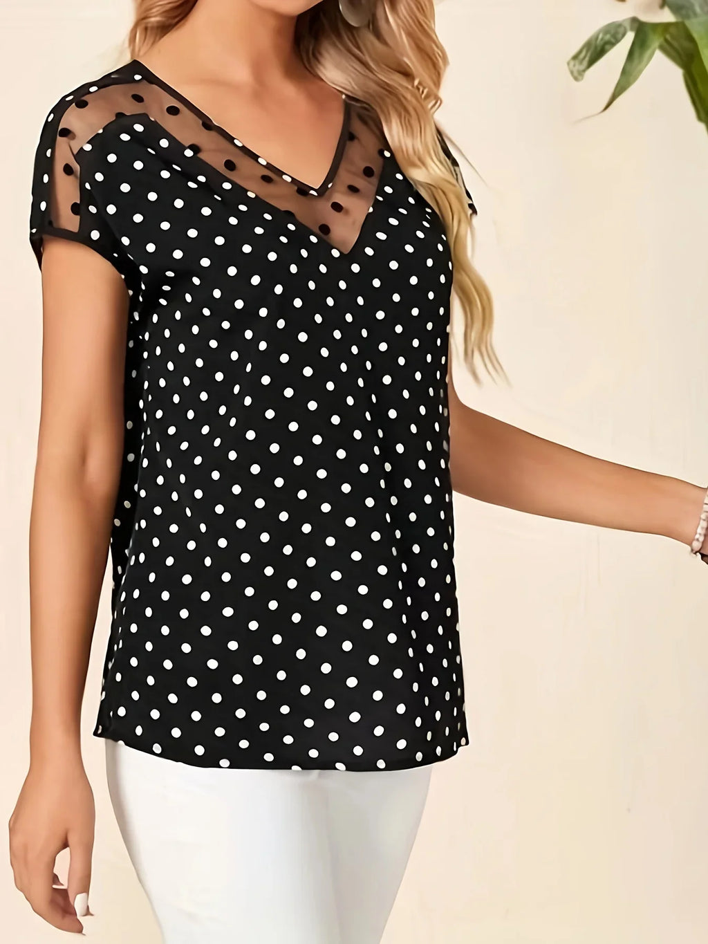 Polka-dot Print Mesh Splicing V-Ausschnitt Top, Vintage Kurzarm Top | tif-shop24.de