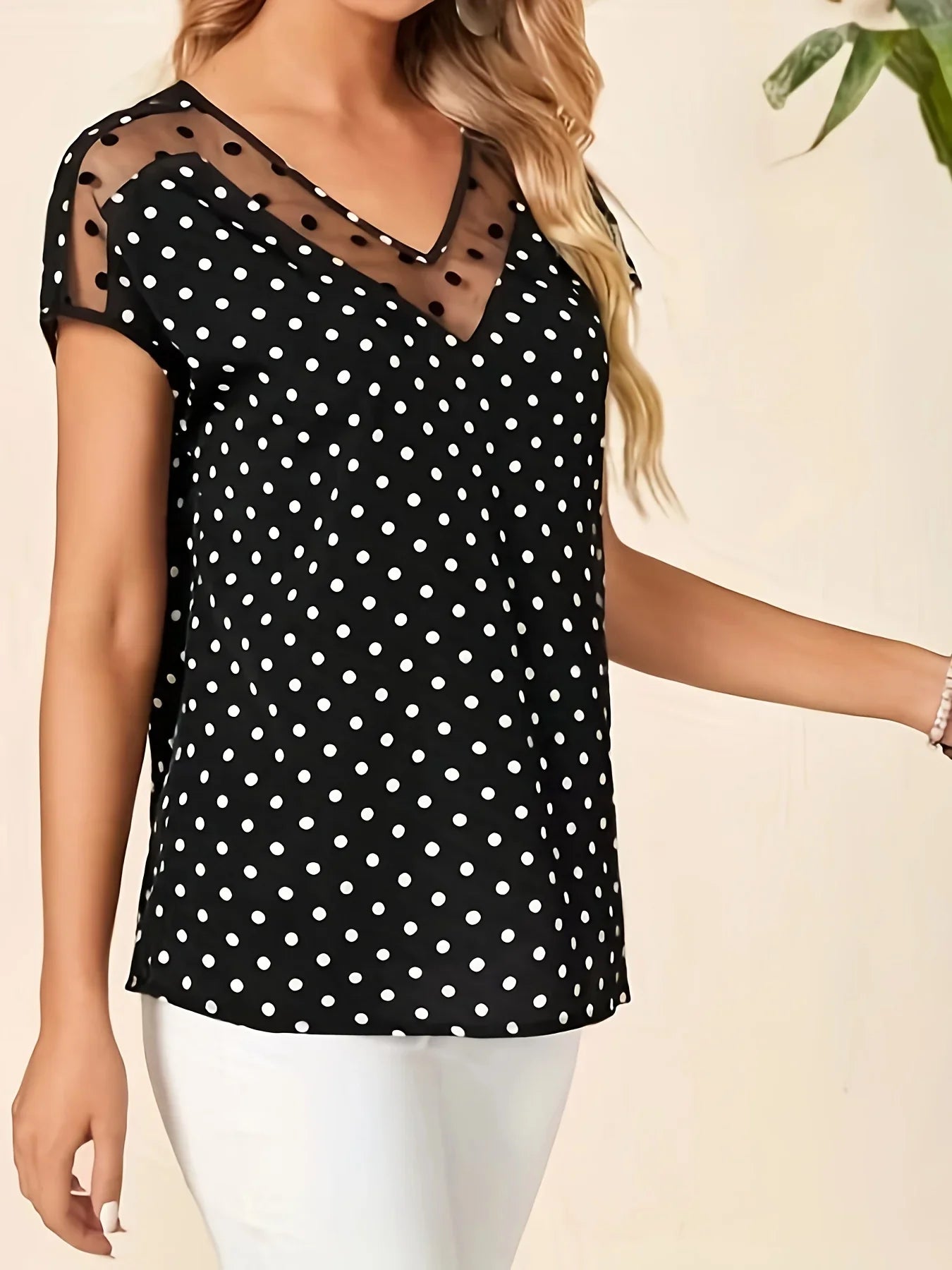 Polka-dot Print Mesh Splicing V-Ausschnitt Top, Vintage Kurzarm Top | tif-shop24.de