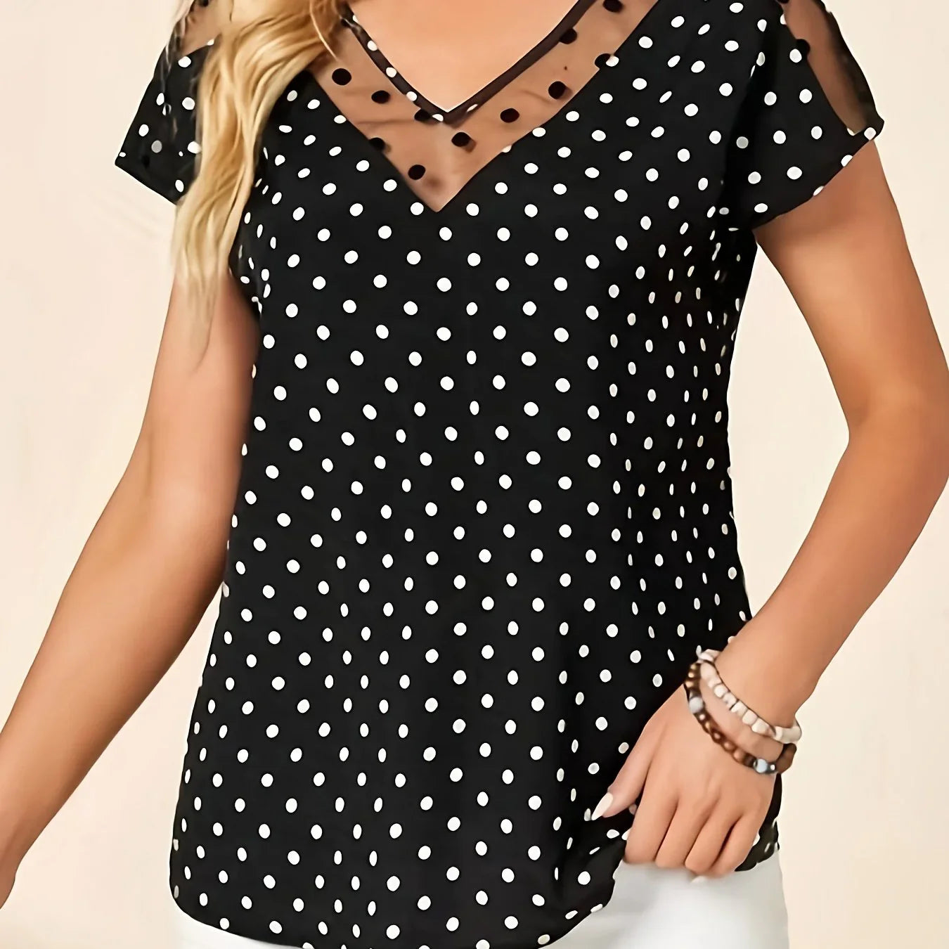 Polka-dot Print Mesh Splicing V-Ausschnitt Top, Vintage Kurzarm Top | tif-shop24.de