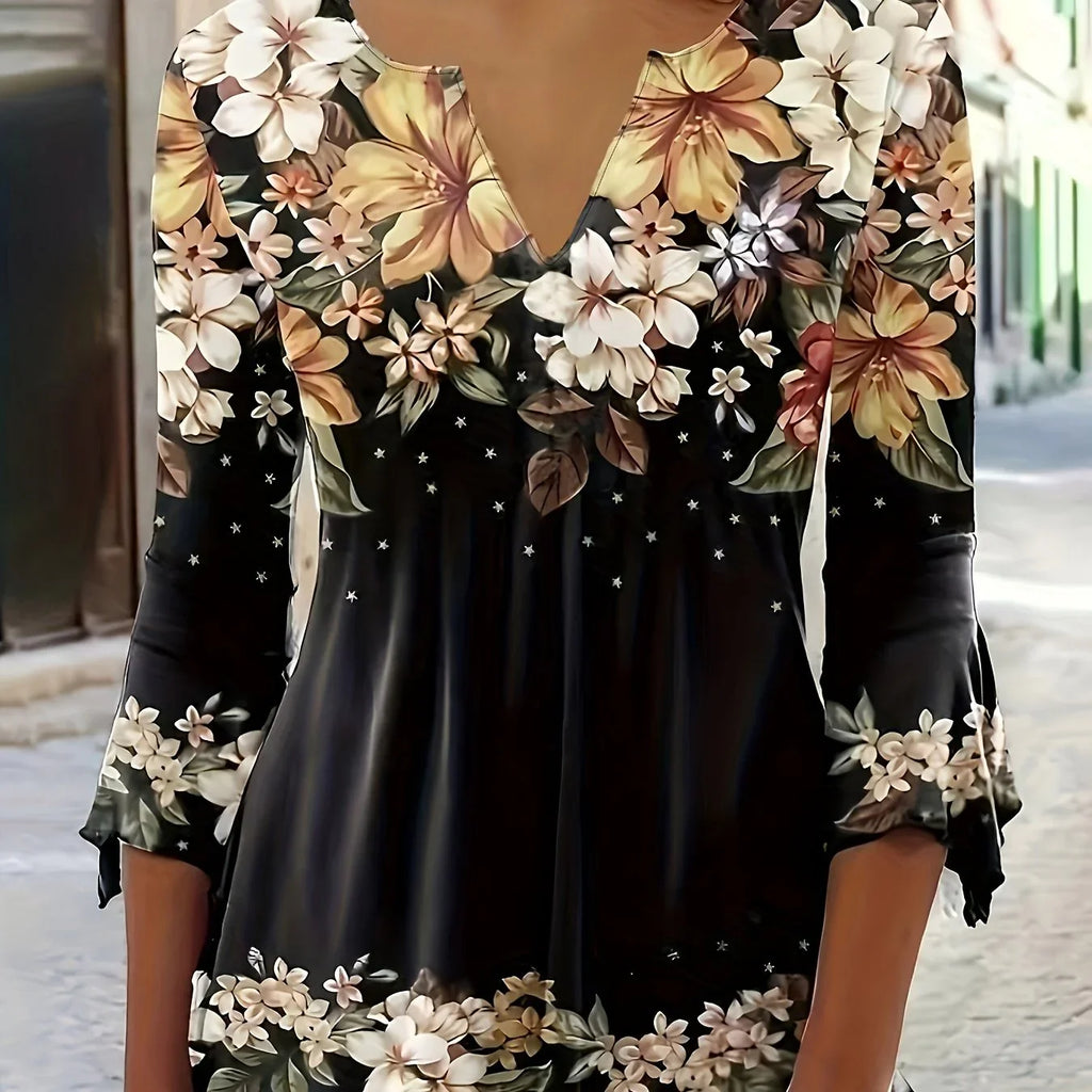 T-Shirt Mit Blumendruck, Gekerbtem Ausschnitt, Elegantes Oberteil - tif-shop24.de