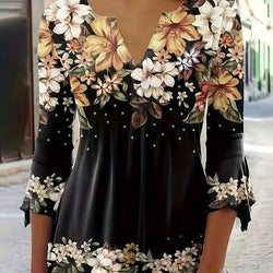 T-Shirt Mit Blumendruck, Gekerbtem Ausschnitt, Elegantes Oberteil - tif-shop24.de