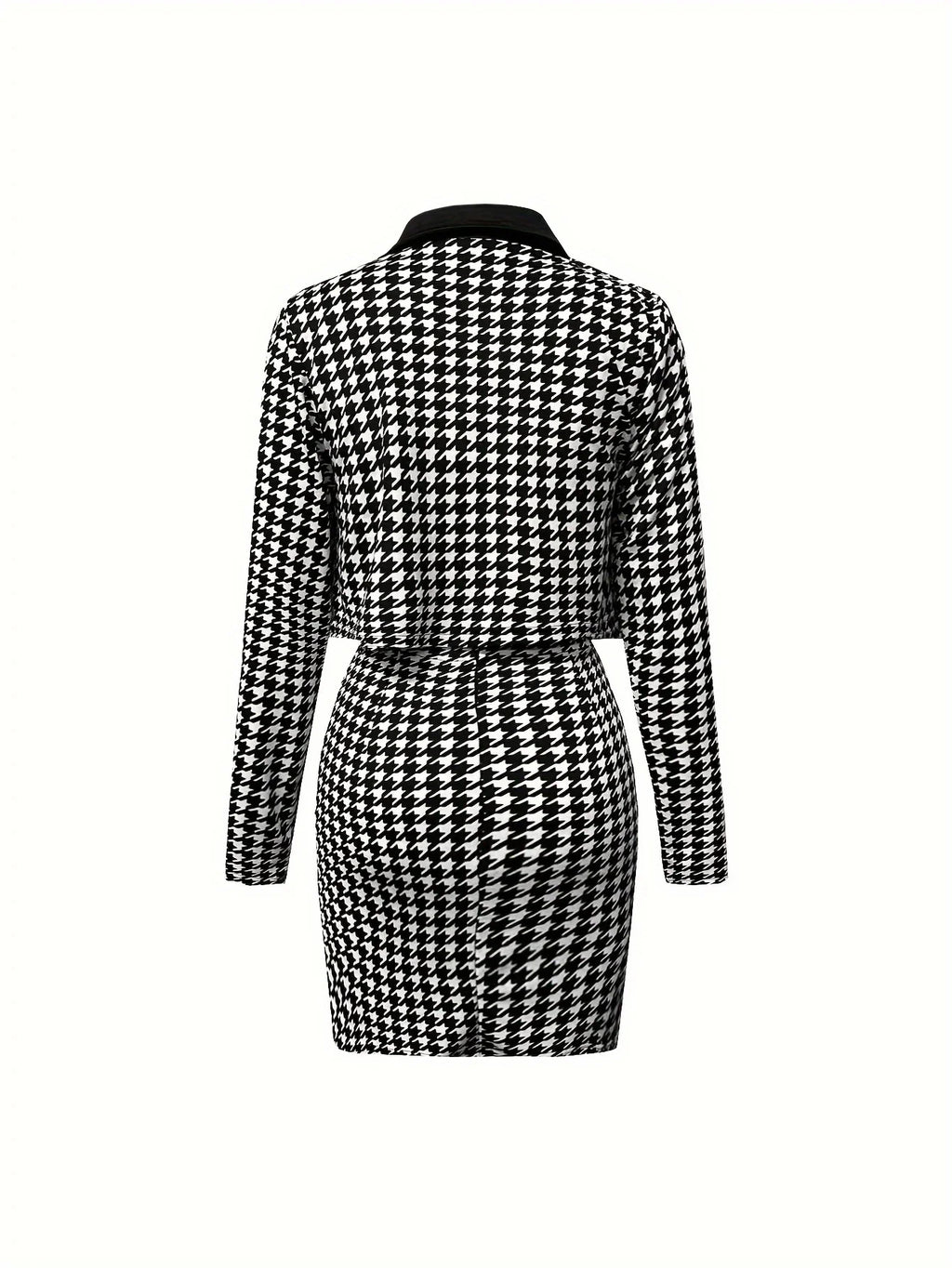 Zweiteiliges Set Mit Y2K-Hahnentrittmuster, Langarm-Reversmantel Mit Offener Vorderseite Und Ärmellosem Cami-Kleid Mit Schmalem Knopfdeko - tif-shop24.de