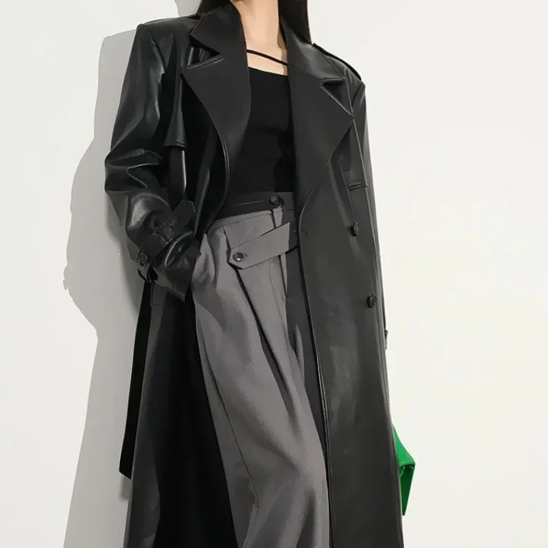 Vintage Leder Trenchcoat Damen - PU Langarm Mantel Fashion | tif-shop24.de