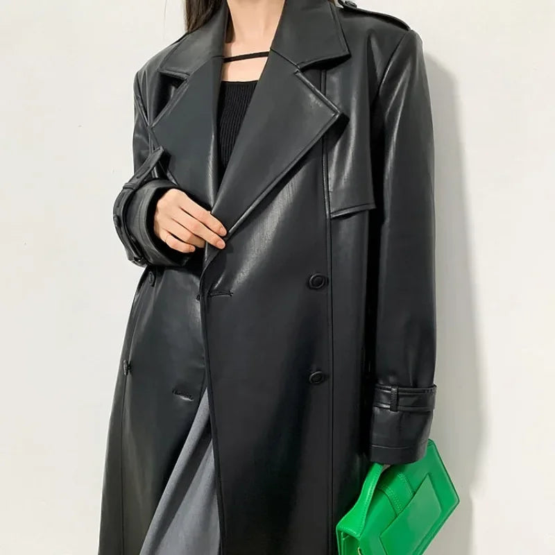 Vintage Leder Trenchcoat Damen - PU Langarm Mantel Fashion | tif-shop24.de