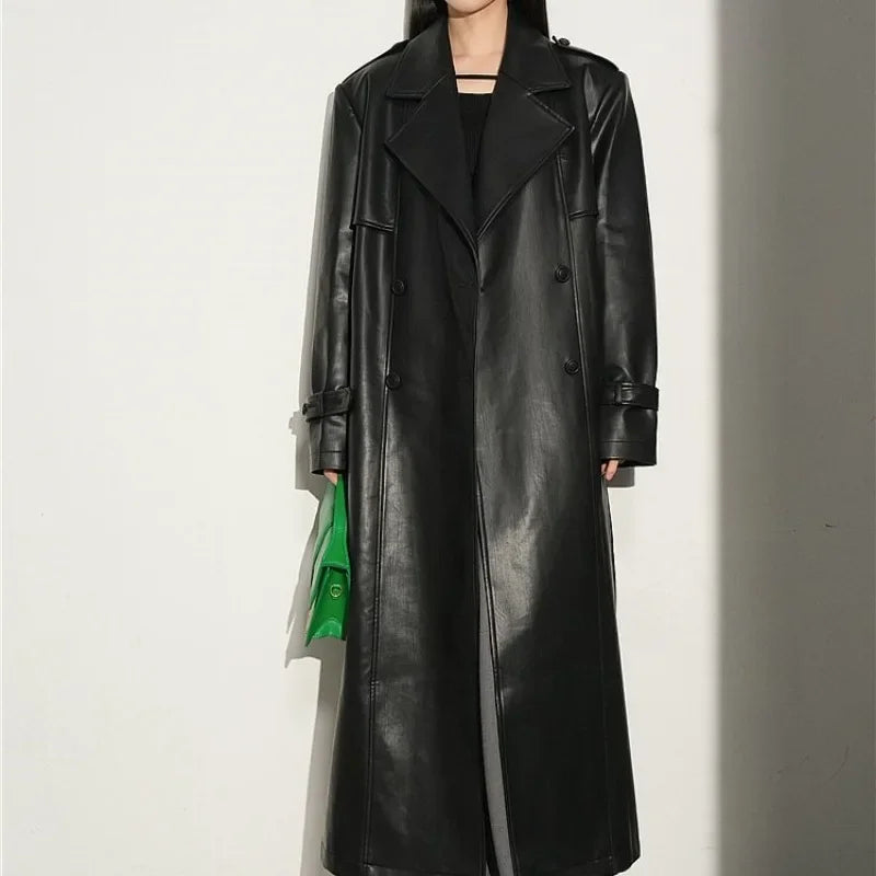 Vintage Leder Trenchcoat Damen - PU Langarm Mantel Fashion | tif-shop24.de