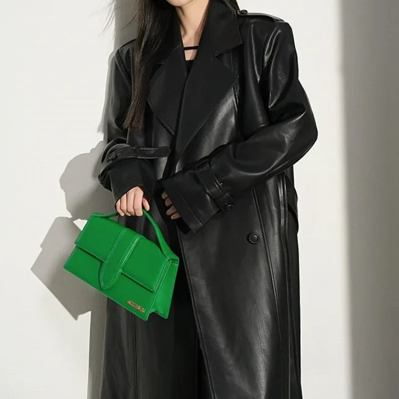 Vintage Leder Trenchcoat Damen - PU Langarm Mantel Fashion | tif-shop24.de