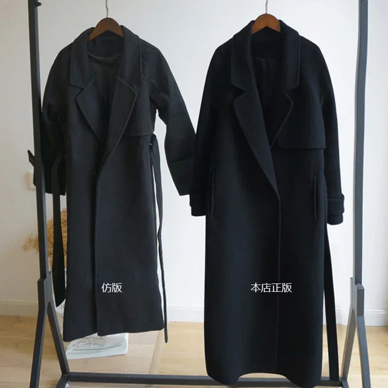 Wolle Mode Lose Gürtel Temperament Casual Graben Büro Dame Lange Mantel | tif-shop24.de